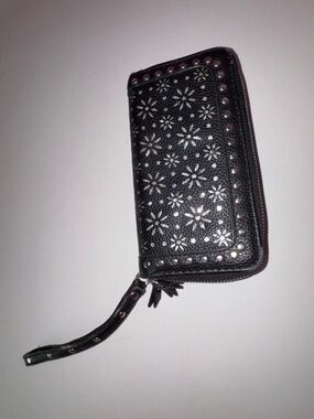 Black Floral Stud Zip-Around Wristlet Wallet
